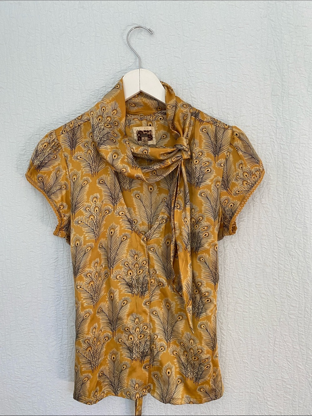 Free People Mustard Yellow Peacock-Print Tie-Neck Silk Blouse - Picture 4 of 13